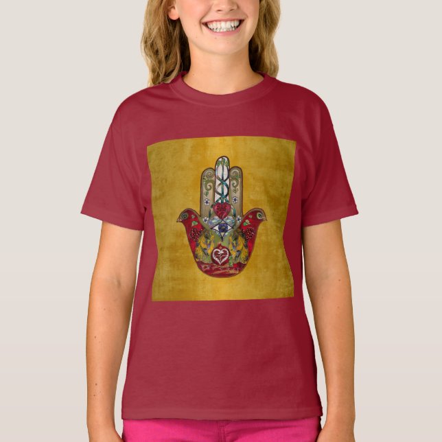 Camiseta Ruby Pomegranate Heart Bird Hamsa (Frente)