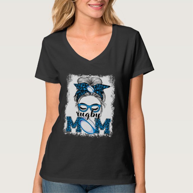 Camiseta Rugby Mom Mother's Day Game Day Messy Bun Leopard (Frente)