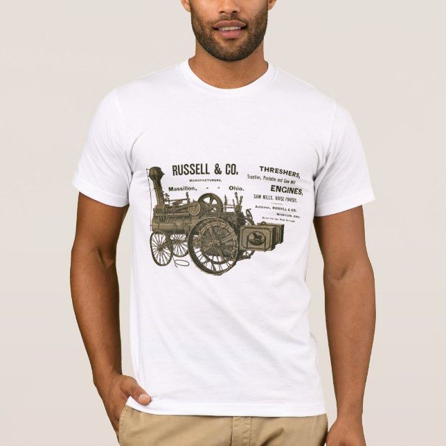 Camiseta Russell e Co. Motor de tração a vapor fazenda 1889 (Frente)
