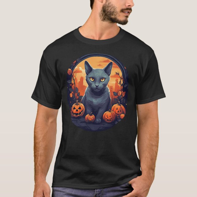 Camiseta Russian Blue Cat, Halloween Pumpkin, Love Cats (Frente)