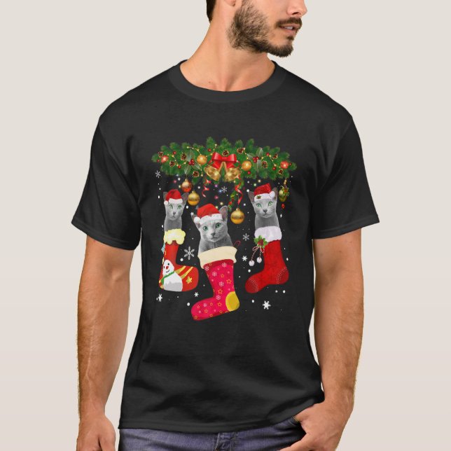 Camiseta Russian Blue Cats In Christmas Sock Funny Russian (Frente)