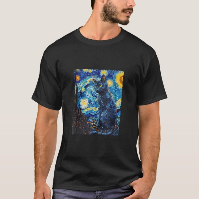 Camiseta Russo Blue Cat Painting Art Starry Night Van Gog (Frente)