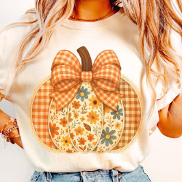 Camiseta Rustic Floral Gingham Autumn Pumpkin