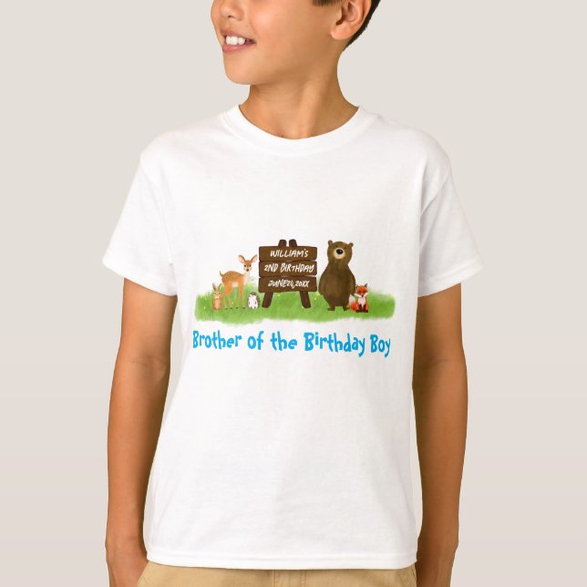 Camiseta Rustic Woodland Birthday Party Animals Brother (Frente)
