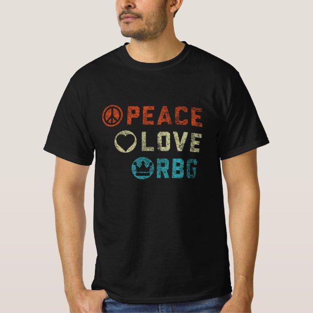 Camiseta Ruth Bader Ginsburg Peace Love RBG - Sinal Feminis (Frente)