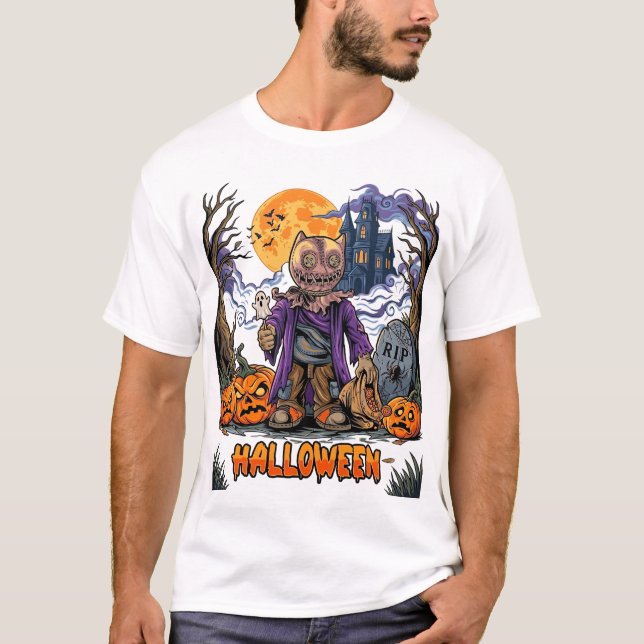 Camiseta Saco de Doces Espantalho de Halloween Abóboras Cas (Frente)