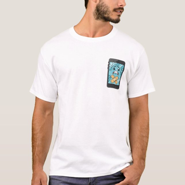 Camiseta Sad Cracked Smartphone Character with Bandaids (Frente)