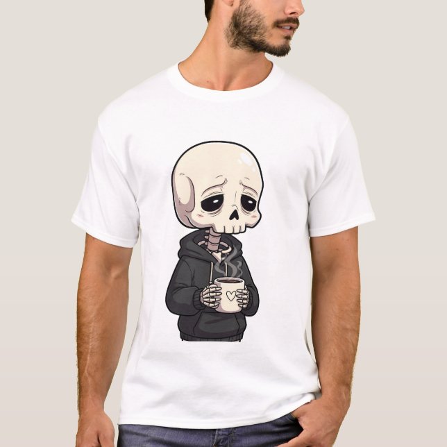 Camiseta Sad Skeleton Wearing Hoodie Drinking Hot Coffee (Frente)