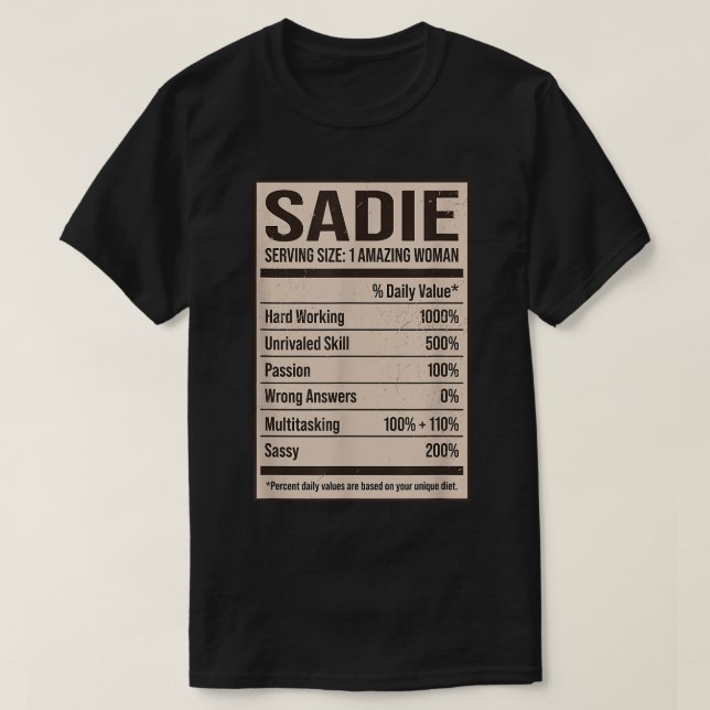 Camiseta Sadie Nutrition Facts Name Apelido Alias Título Fr (Frente do Design)