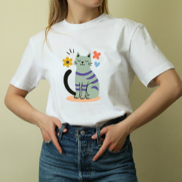 Camiseta Sage Green Cat Boho Floral Mid Century Art