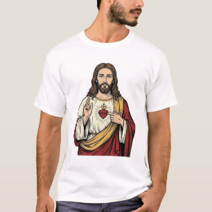 Camiseta Sagrado Coração Jesus Arte Vetorial de Gravura Ant
