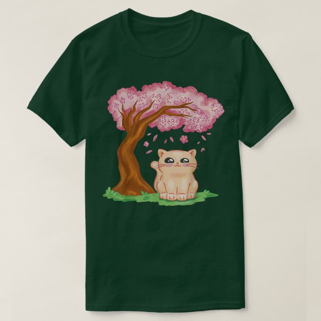 Camiseta Sakura Cute Cat Kawaii Japanese Cherry Blossom Ani (Frente do Design)