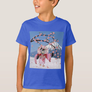 Camiseta Sakura Geisha Pássaro na Neve Flores de Cerejeira