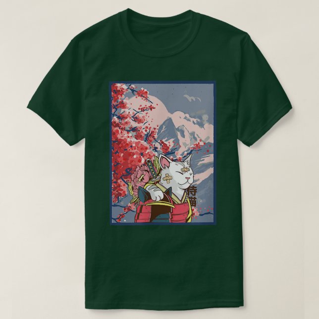 Camiseta Sakura Samurai Cat Mountain Aesthetic Anime Japane (Frente do Design)