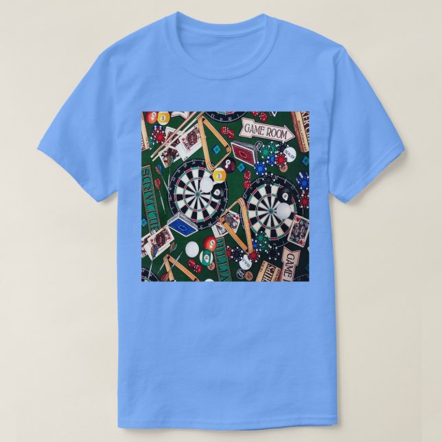Camiseta Sala de Jogo Bilhares Dardos Cartões de Ampola (Frente do Design)