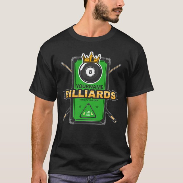Camiseta Salão de Sinuca Personalizado NOME Bola 8 Coroa Bi (Frente)