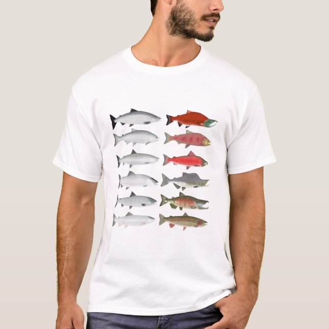 Camiseta Salmão do Pacífico - Fases do Oceano e da Desova (Frente)