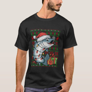 Camiseta Salmão Fish Xmas Luz Ugly Santa Hat Peixe Salmão