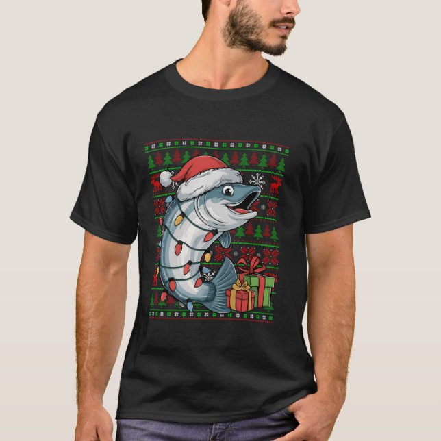 Camiseta Salmão Fish Xmas Luz Ugly Santa Hat Peixe Salmão (Frente)