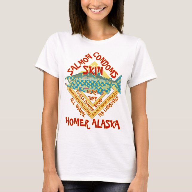 CAMISETA SALMON SKIN CONDOMS HOMER ALASKA (Frente)