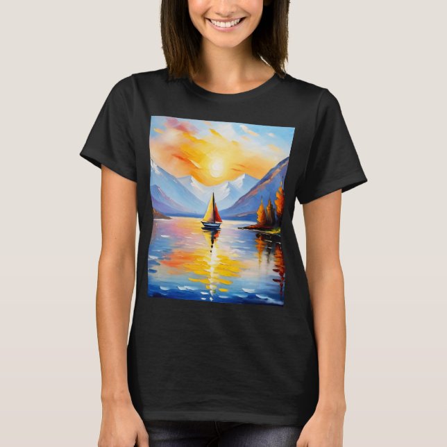 Camiseta Salto de sol sobre lago e montanhas com capa de ne (Frente)