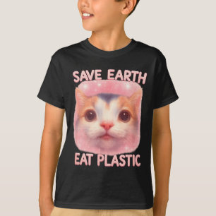 Camiseta Salvar Terra Comer Plástico Gatinho Fofo Irônico C