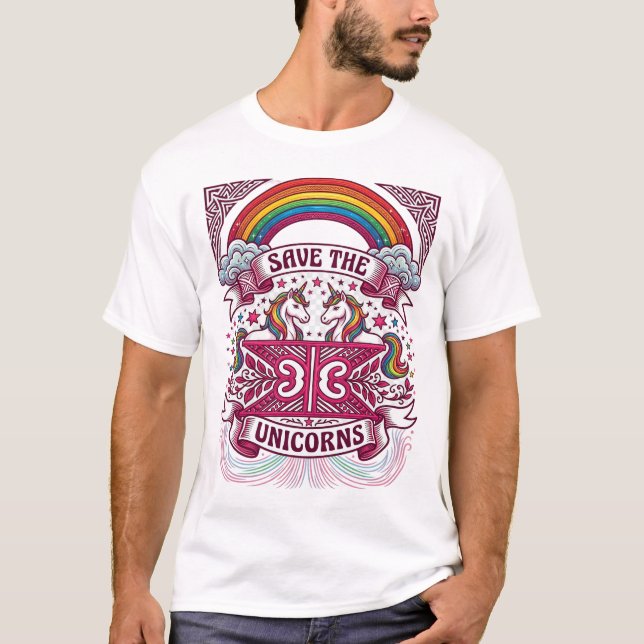 Camiseta Salvar Unicórnios Nuvens Arco-íris Estrelas (Frente)