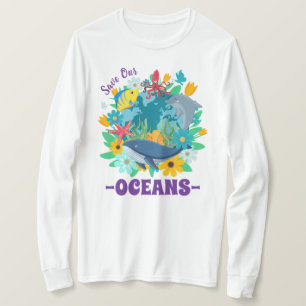 Camiseta Salve nossos oceanos Flor Baleia Design Colorido T