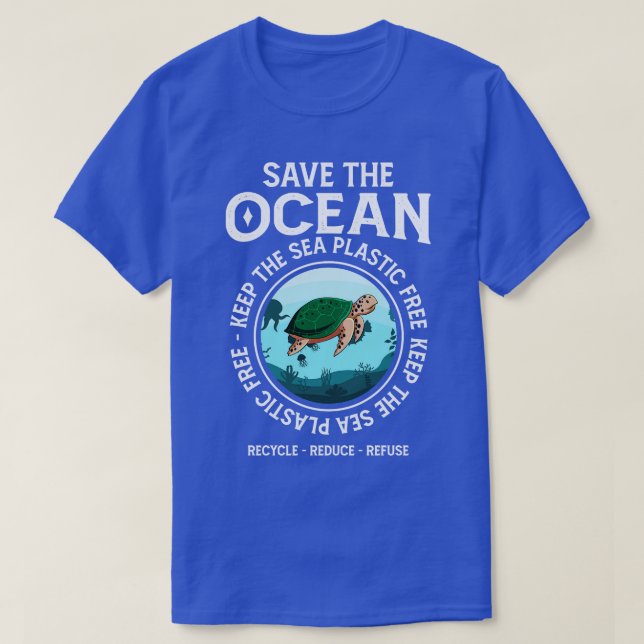Camiseta Salve O Oceano Mantenha A Tartaruga Livre De Plást (Frente do Design)