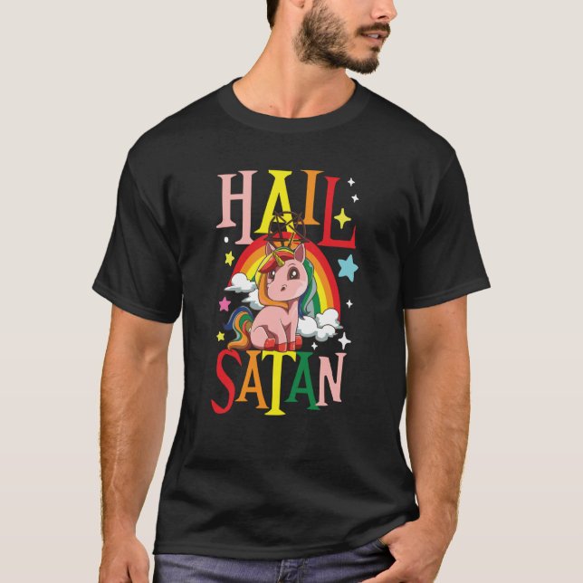 Camiseta Salve Satan Unicórnio Arco-íris (Frente)