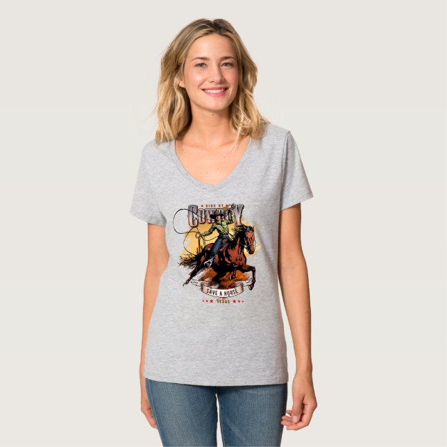 Camiseta Salve um Cavalo; Monte um Cowboy | Mulheres com De (Frente Completa)