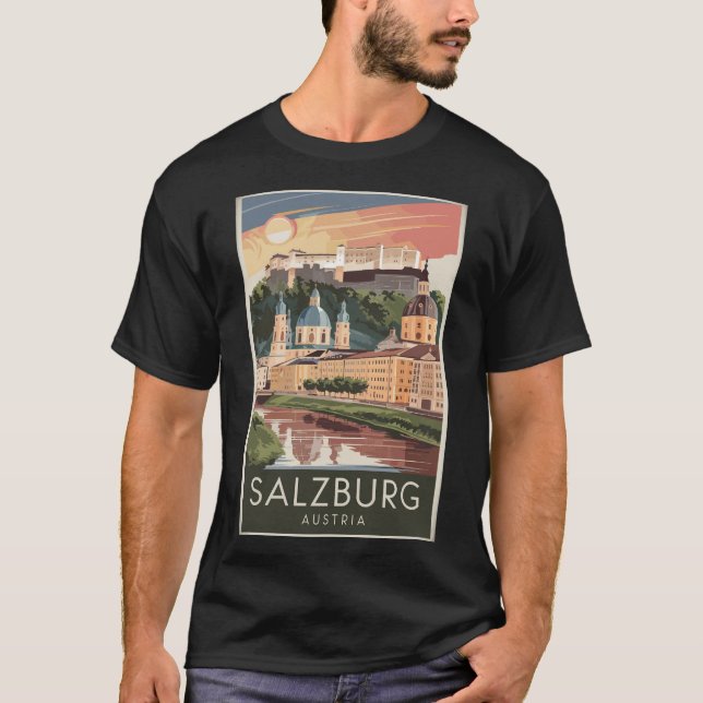 Camiseta Salzburg Austria Illustration Viagem Art Vintage (Frente)