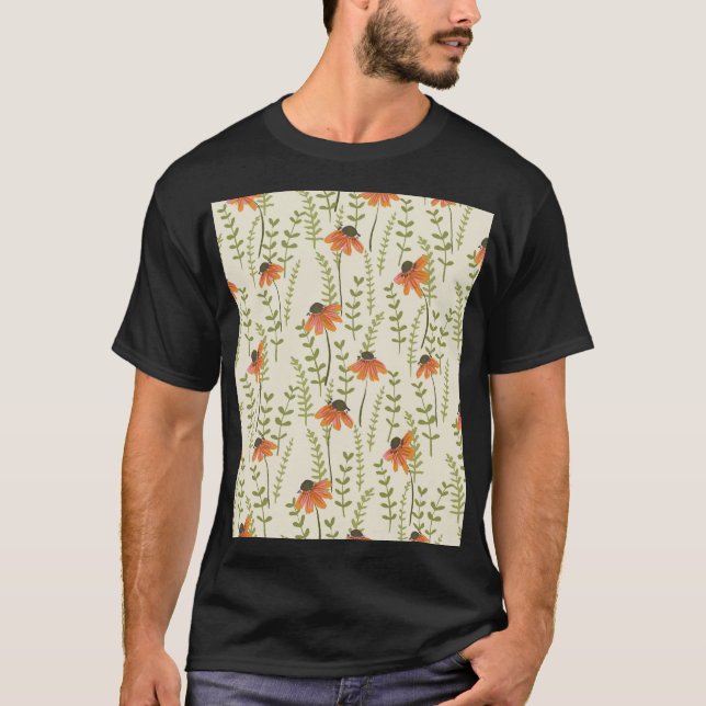 Camiseta Samambaias verdes, flores laranja, natureza. (Frente)