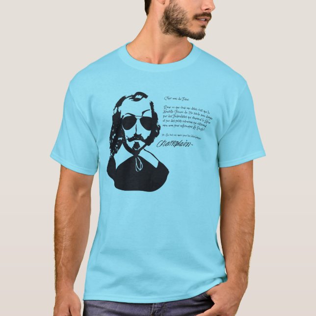 Camiseta Samuel Champlain Hipster texto do futuro+óculos (Frente)