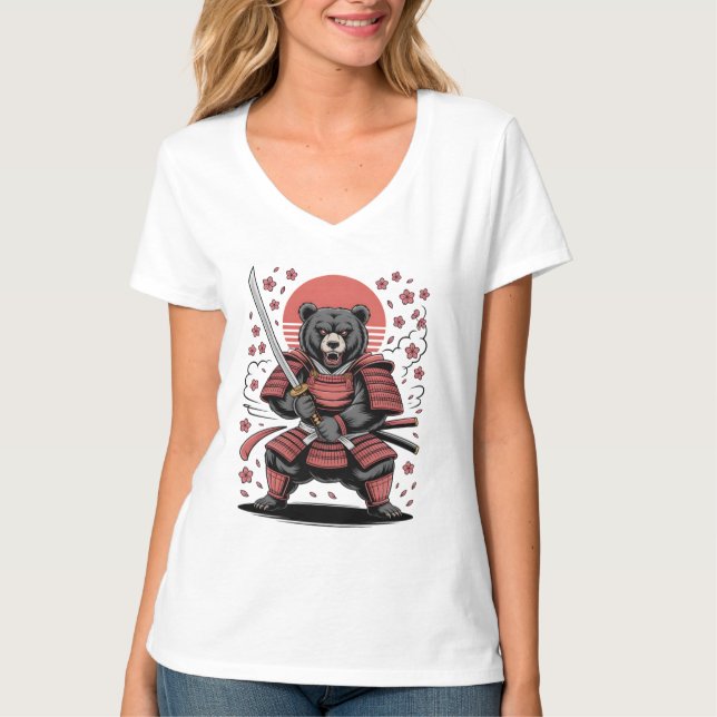 Camiseta Samurai Bear  Womens V-Neck T-Shirt (Frente)