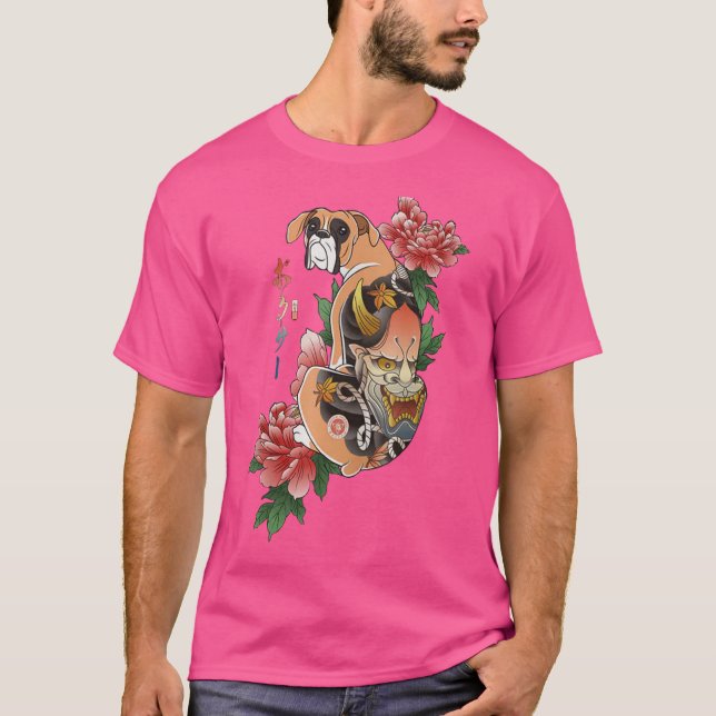 Camiseta Samurai Boxer Dog Ukiyo E flutua guerreiro japonês (Frente)