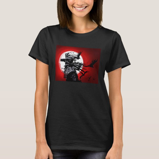 Camiseta Samurai Bushido Warrior Moon Com Corvos (Frente)