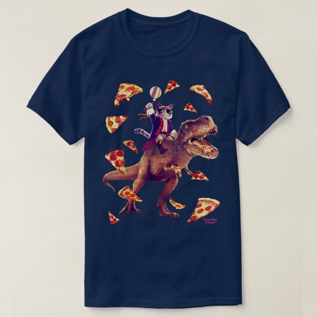 Camiseta Samurai Cat Andando T Rex Comendo Pizza Funny Dino (Frente do Design)