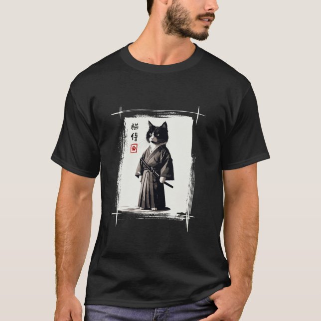 Camiseta Samurai Cat Arte Japonesa Sumi e Novelty Kawaii Di (Frente)