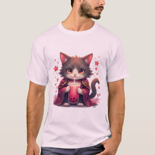 Camiseta Samurai Cat Boba Tea sakura Anime Japonês bubble
