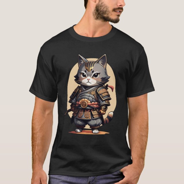 Camiseta Samurai Cat Cartoon Japonês Cat Engraçado Art (Frente)