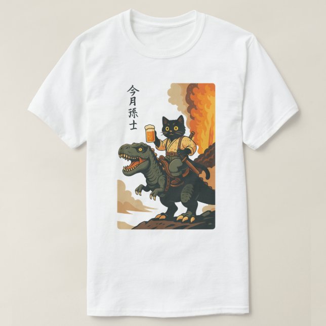 Camiseta Samurai Cat com Cerveja e T-Rex, retrô Arte Japone (Frente do Design)