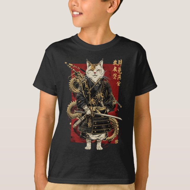 Camiseta Samurai Cat Com Dragão Japonês Kanji (Frente)