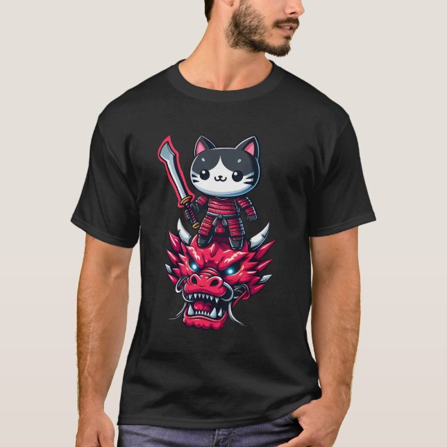 Camiseta Samurai Cat com Espada sobre Dragão em Efeito Epic (Frente)