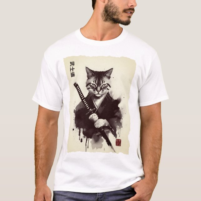 Camiseta Samurai Cat, Fierce Japanese Art  (Frente)