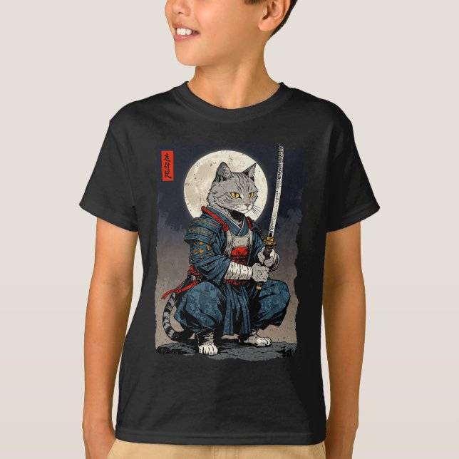Camiseta Samurai Cat. Gato Retro Japonês Gato Lua Ukiyo- (Frente)