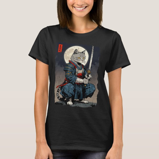 Camiseta Samurai Cat. Gato Retro Japonês Gato Lua Ukiyo- (Frente)