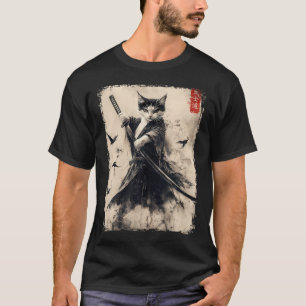 Camiseta Samurai Cat Graphic Tee Warrior Vintage Japonês A