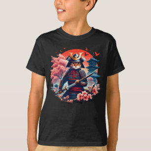 Camiseta Samurai Cat Graphic Warrior Vintage Anime Japonês