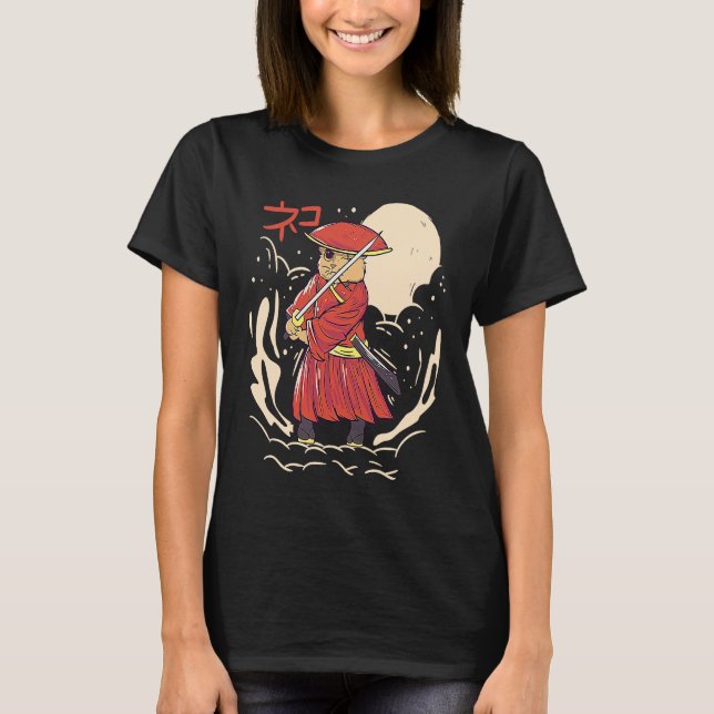 Camiseta Samurai Cat Illustration  Japanese Cute Graphic (Frente)